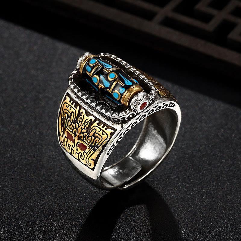 Anillo de cuentas Dzi de nueve ojos con mantra de seis caracteres turquesa