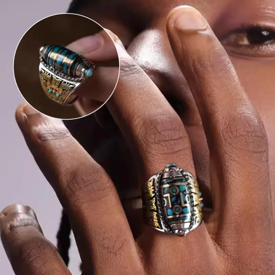 Anillo de cuentas Dzi de nueve ojos con mantra de seis caracteres turquesa