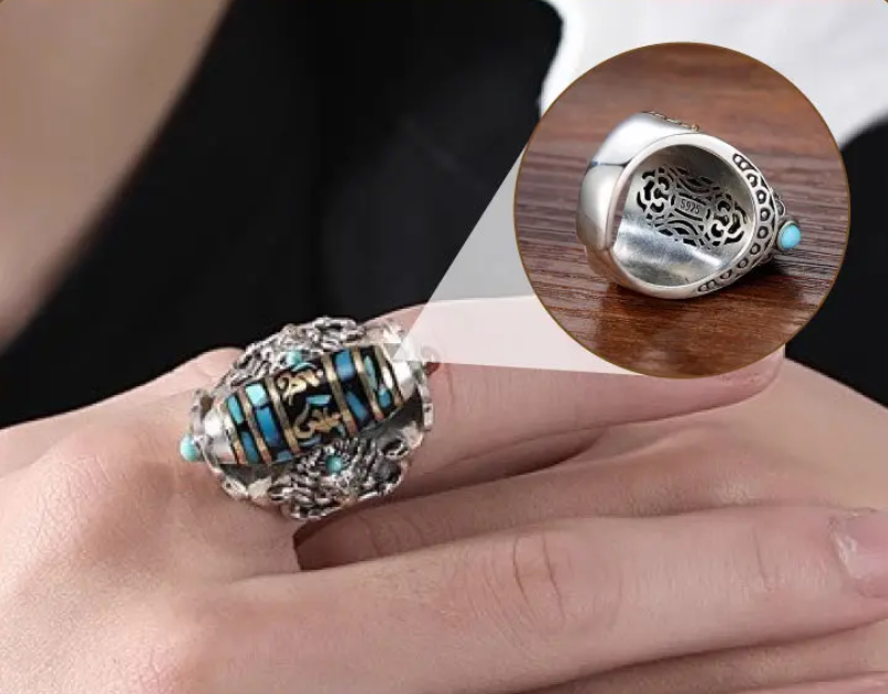 Anillo de cuentas Dzi de nueve ojos con mantra de seis caracteres turquesa