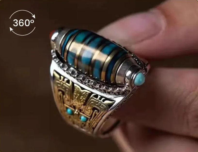 Anillo de cuentas Dzi de nueve ojos con mantra de seis caracteres turquesa