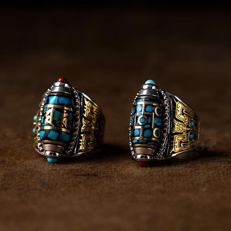 Anillo de cuentas Dzi de nueve ojos con mantra de seis caracteres turquesa