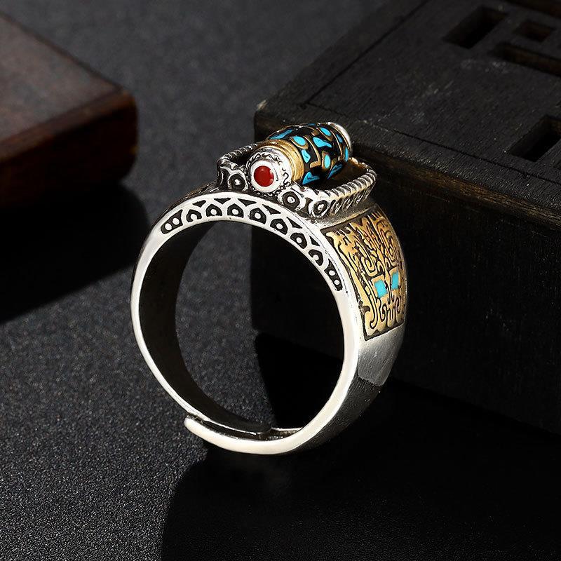 Anillo de cuentas Dzi de nueve ojos con mantra de seis caracteres turquesa