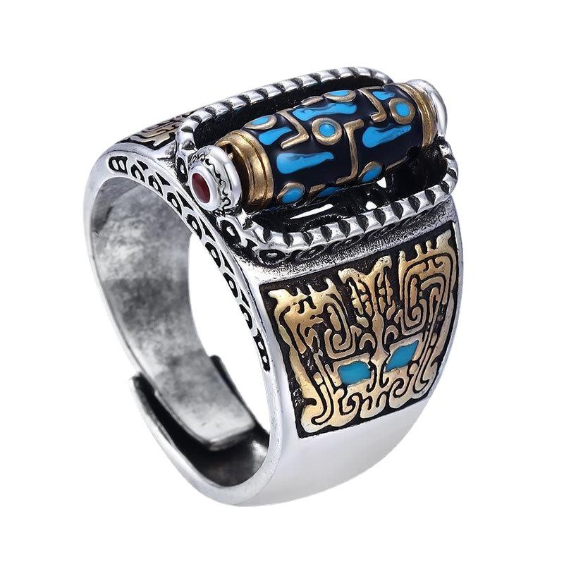 Anillo de cuentas Dzi de nueve ojos con mantra de seis caracteres turquesa