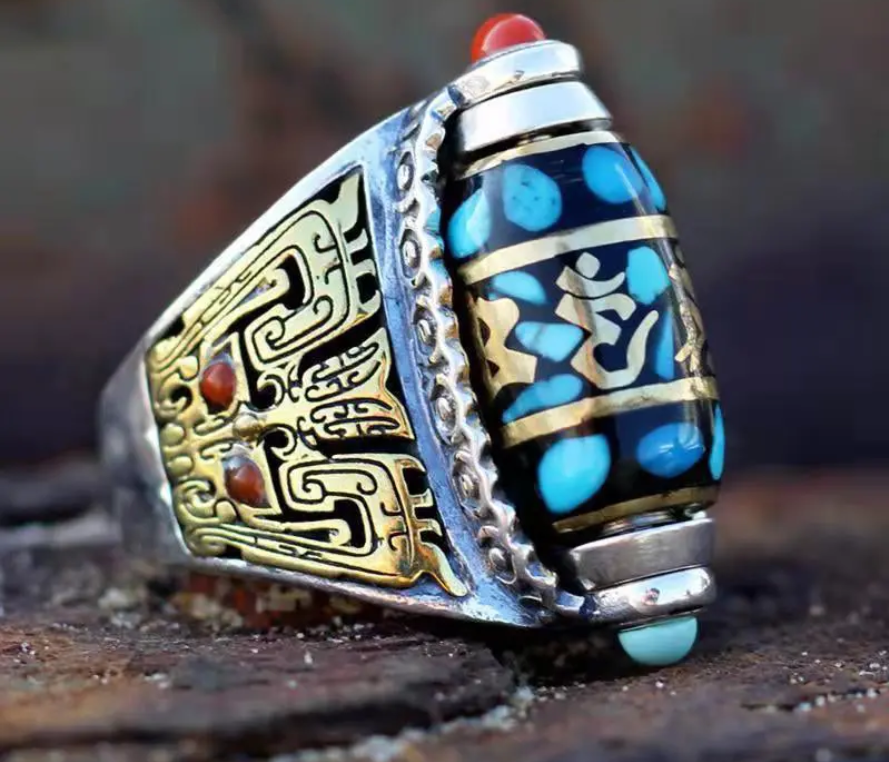 Anillo de cuentas Dzi de nueve ojos con mantra de seis caracteres turquesa