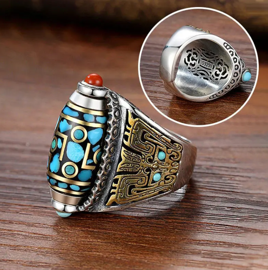 Anillo de cuentas Dzi de nueve ojos con mantra de seis caracteres turquesa