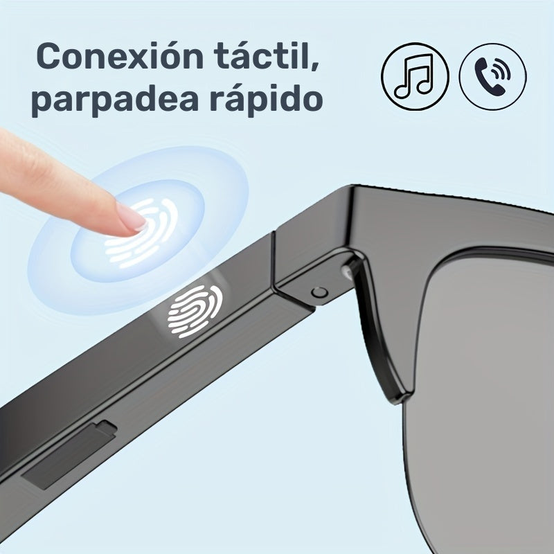 Lentes inteligentes inalámbricos con audífonos incorporados, micrófono integrado, control táctil, audio estéreo, batería recargable, auriculares inalámbricos