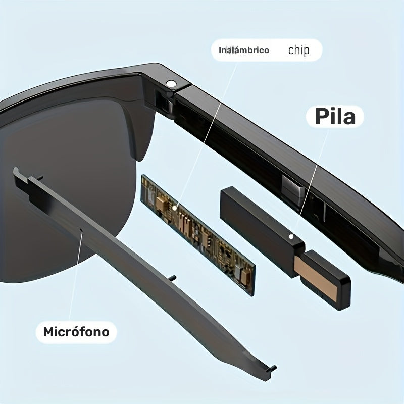 Lentes inteligentes inalámbricos con audífonos incorporados, micrófono integrado, control táctil, audio estéreo, batería recargable, auriculares inalámbricos
