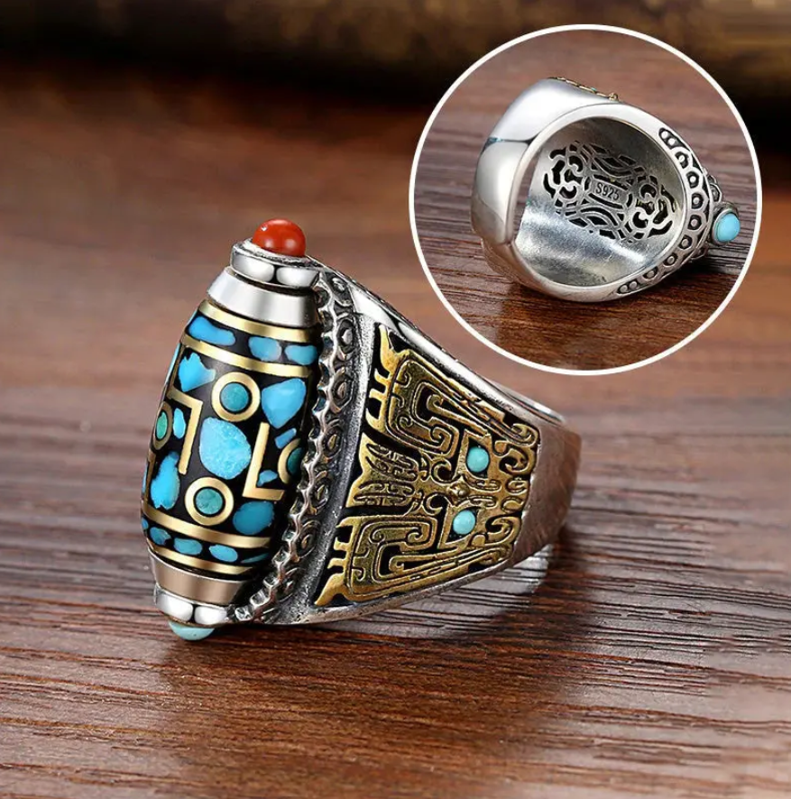 Anillo de cuentas Dzi de nueve ojos con mantra de seis caracteres turquesa