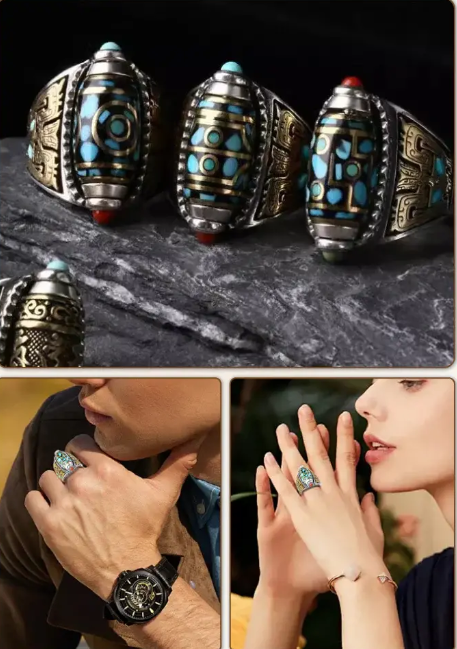 Anillo de cuentas Dzi de nueve ojos con mantra de seis caracteres turquesa