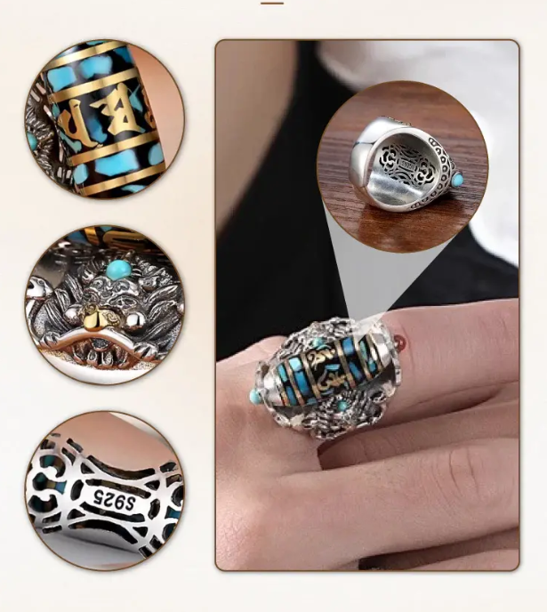 Anillo de cuentas Dzi de nueve ojos con mantra de seis caracteres turquesa