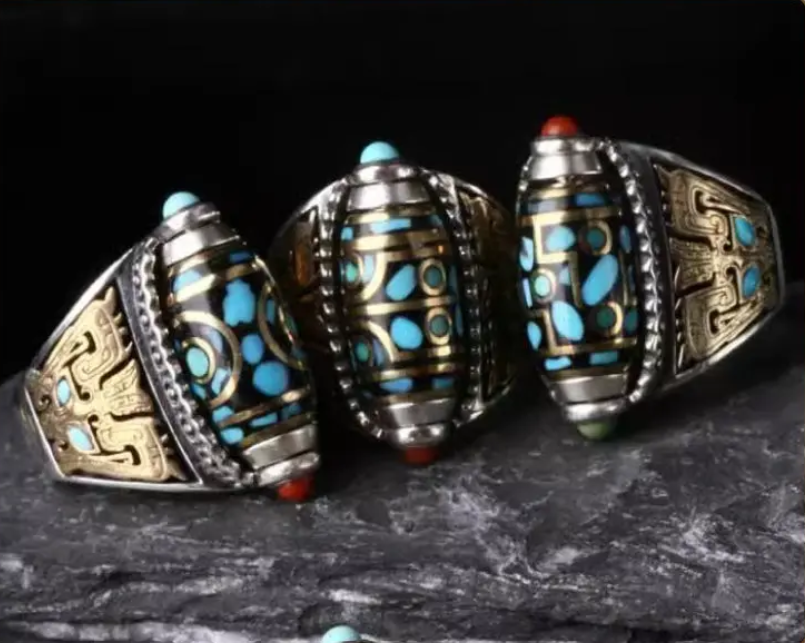 Anillo de cuentas Dzi de nueve ojos con mantra de seis caracteres turquesa