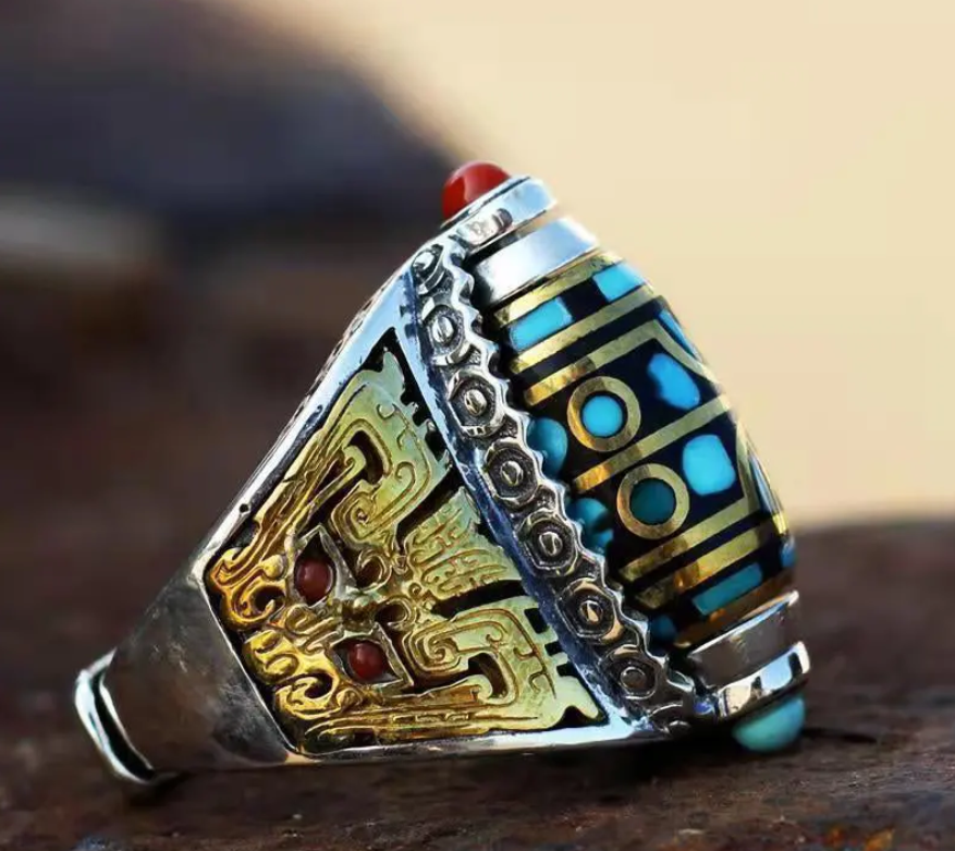 Anillo de cuentas Dzi de nueve ojos con mantra de seis caracteres turquesa