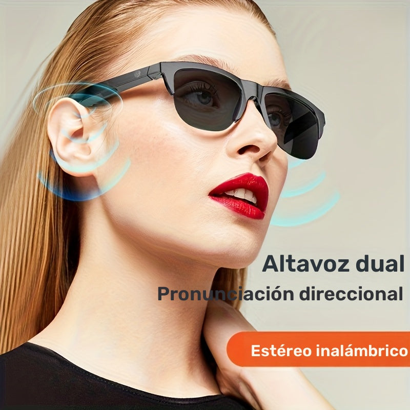Lentes inteligentes inalámbricos con audífonos incorporados, micrófono integrado, control táctil, audio estéreo, batería recargable, auriculares inalámbricos