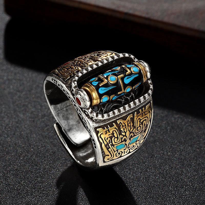 Anillo de cuentas Dzi de nueve ojos con mantra de seis caracteres turquesa